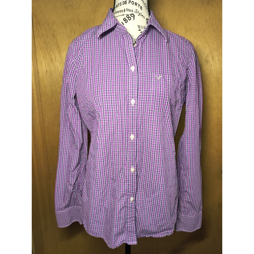 American Eagle Women's 10 Favorite Fit Button Up Long Sleeve‎ Purple Plaid Shirt